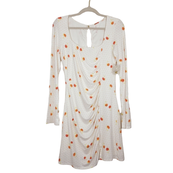 Free People Dress Celia Floral Long Sleeve Mini Ivory Combo L NWT - Picture 2 of 7